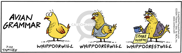 Avian Grammar.  Whippoorwill.  Whippoorerwill.  Whippoorestwill.  Spare Worms.