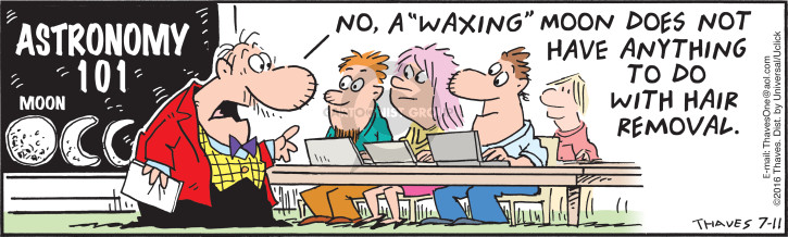 Astronomy 101.  Moon.  No, a waxing moon does not have anything to do with hair removal.