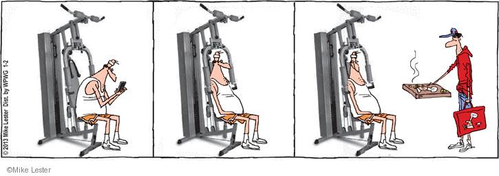 No Caption.  (First image shows a man on an exercise machine texting. Second image shows him waiting and the third shows him smiling as a pizza is delivered.)