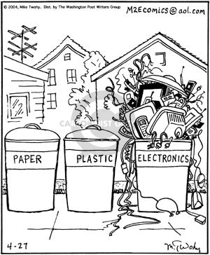 No caption.  (Trash cans are labeled "Paper", "Plastic" and "Electronics".  Electronics can overflows with miscellaneous electronic equipment.)