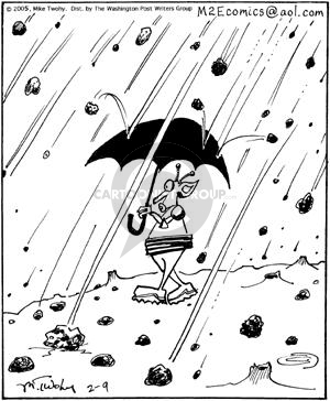 No caption.  (Alien walks under umbrella during a rock shower.)