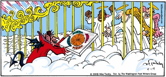 No caption.  (Devil stands outside gates to heaven and attempts to lure angels out by offering them a pizza.)